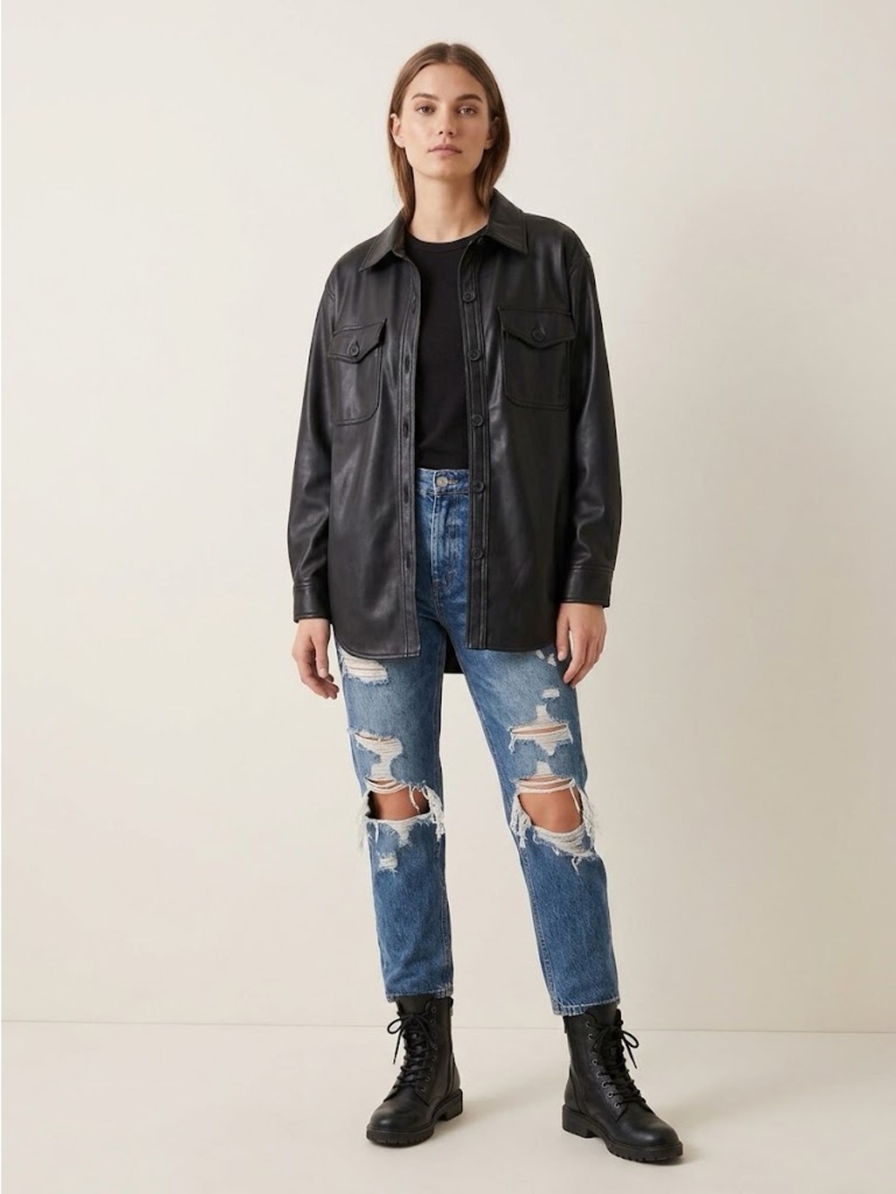 GOOD AMERICAN Black Faux Leather Shacket Oversized Jacket Tag 0/00 Fits S/M